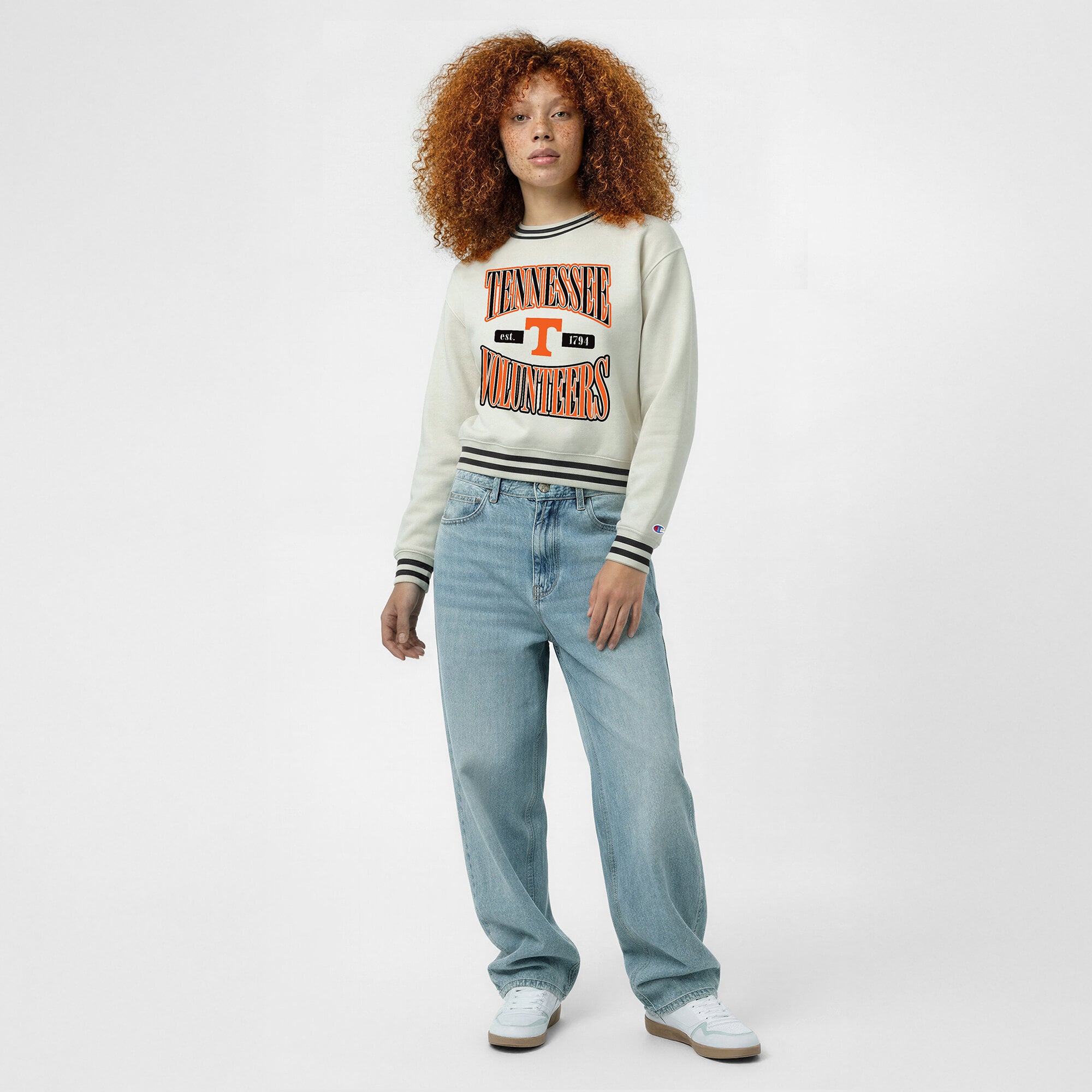 Women's Champion  White Tennessee Volunteers Yarn Dye Rib Reverse Weave Crew Sweatshirt